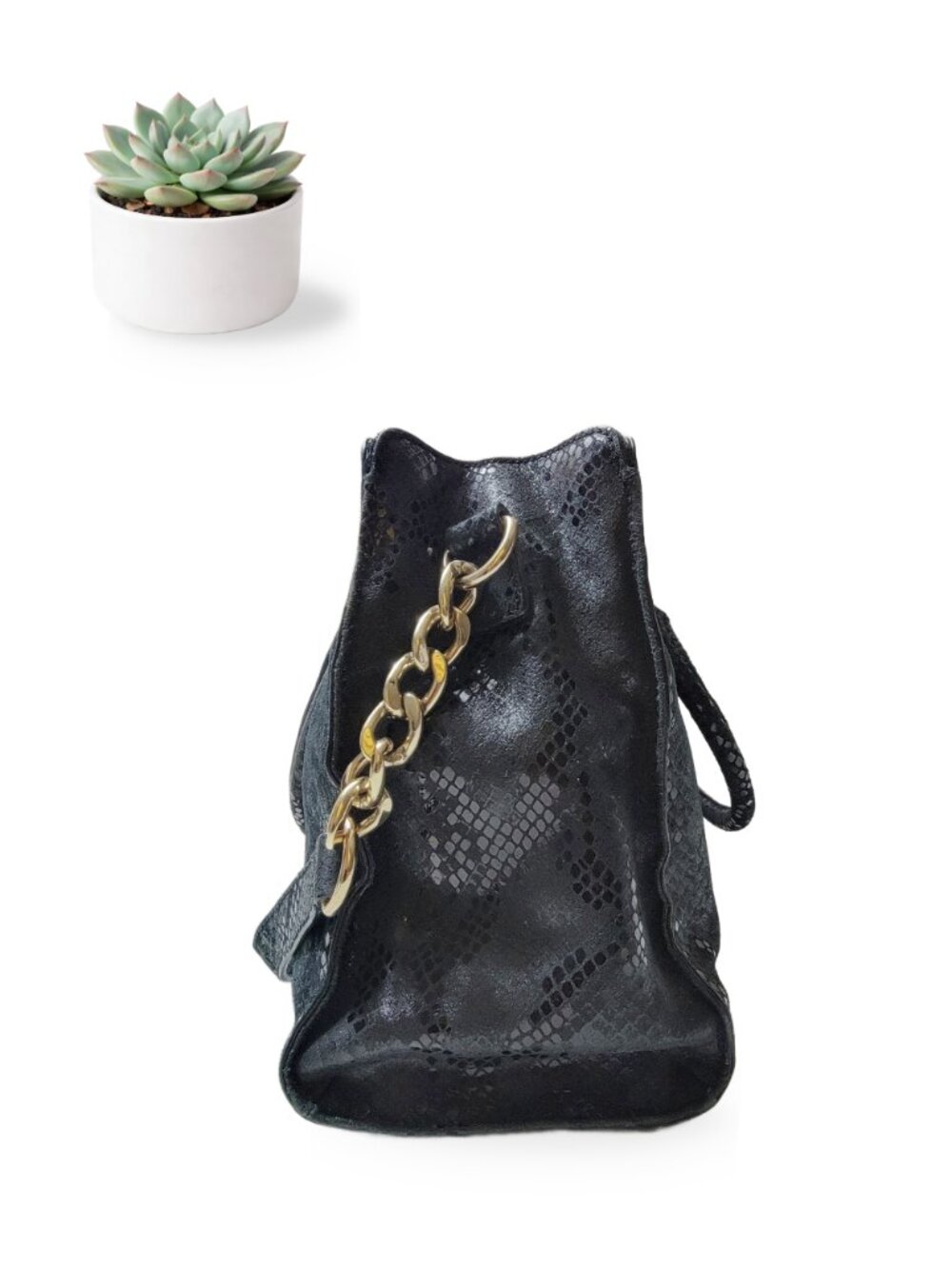 Michael Kors Hamilton Large Tote Black Metallic Snake Embossed Gold Hardware Bag - Picture 4 of 9